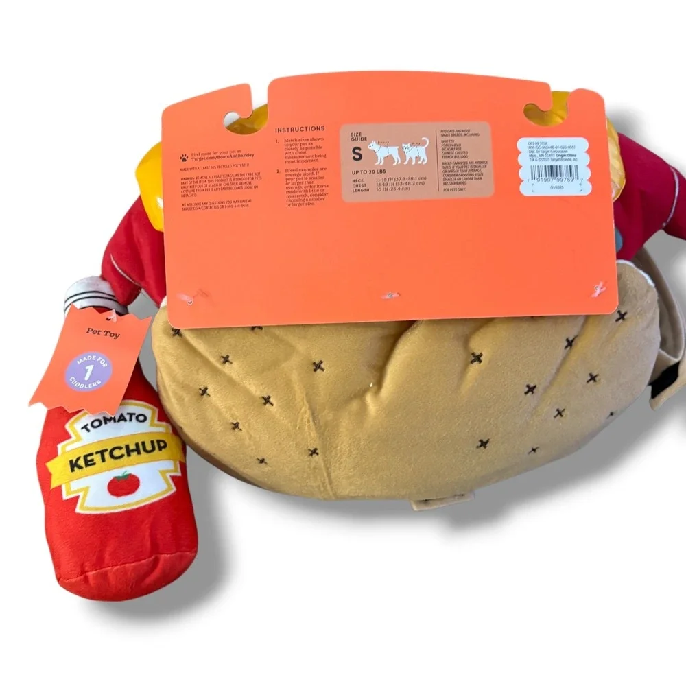 Boots & Barkley Hot Dog Pet Costume and Ketchup Toy Set Small Dogs Cats NEW